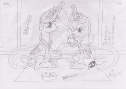 Size: 3446x2426 | Tagged: safe, artist:parclytaxel, princess celestia, princess luna, alicorn, pony, eating, fork, lineart, magic, messy eating, monochrome, pie, sitting, traditional art