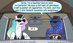 Size: 700x410 | Tagged: safe, artist:warrenhutch, princess celestia, princess luna, alicorn, pony, blues brothers, bluesmobile, car, clothes, dialogue, driving, female, hat, mare, parody, suit, sunglasses, ye olde butcherede englishe