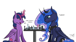 Size: 1280x720 | Tagged: safe, artist:midnightsix3, princess luna, twilight sparkle, twilight sparkle (alicorn), alicorn, pony, chess, curved horn, female, lunadoodle, magic, mare, simple background, sitting, telekinesis