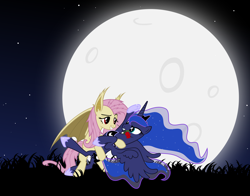 Size: 6000x4700 | Tagged: safe, artist:magister39, fluttershy, princess luna, bat pony, pony, vampire, vampony, absurd resolution, bat ponified, bedroom eyes, carrying, dancing, eye contact, fangs, female, flutterbat, grin, lesbian, lunabat, lunashy, moon, mouth hold, night, race swap, raised eyebrow, rose, sky, smiling, spread wings, tango, vector