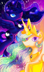 Size: 2975x4900 | Tagged: safe, artist:wendy-the-creeper, princess celestia, princess luna, alicorn, pony, crown, female, horn, mare, siblings, sisters