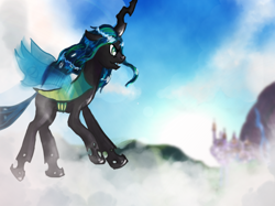 Size: 908x680 | Tagged: safe, artist:zilvtree, queen chrysalis, changeling, changeling queen, female, green eyes, horn, solo