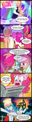 Size: 551x2100 | Tagged: safe, artist:madmax, apple bloom, applejack, big macintosh, dj pon-3, pinkie pie, princess celestia, vinyl scratch, alicorn, earth pony, pony, cake, cakelestia, comic, fire, male, newspaper, stallion, sweet apple acres