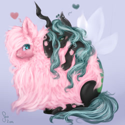 Size: 2000x2000 | Tagged: safe, artist:saoiirse, queen chrysalis, oc, oc:fluffle puff, changeling, changeling queen, beautiful, chrysipuff, female, fluffy, lesbian, shipping