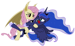 Size: 6000x3700 | Tagged: safe, artist:magister39, fluttershy, princess luna, vampire, bat ponified, bedroom eyes, carrying, dancing, eye contact, female, flutterbat, grin, lesbian, lunabat, lunashy, mouth hold, race swap, raised eyebrow, rose, simple background, smiling, spread wings, transparent background, vector