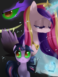 Size: 900x1200 | Tagged: dead source, safe, artist:loyaldis, king sombra, princess cadance, twilight sparkle, alicorn, pony, unicorn, bad end, corrupted, crying, crystal heart