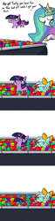 Size: 2250x9000 | Tagged: safe, artist:tjpones, part of a set, lyra heartstrings, princess celestia, twilight sparkle, alicorn, pony, unicorn, absurd resolution, ball pit, bow, comic, cute, dialogue, duo, female, hair bow, jewelry, lyrabetes, mare, momlestia, regalia, simple background, sinking, squatpony, twiggie, white background, woonoggles