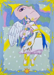 Size: 1000x1398 | Tagged: safe, artist:mornincloud, princess celestia, human, humanized, solo, traditional art, winged humanization