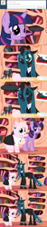 Size: 650x3125 | Tagged: safe, artist:mixermike622, queen chrysalis, twilight sparkle, twilight sparkle (alicorn), oc, oc:fluffle puff, alicorn, changeling, changeling queen, pony, ask, business suit, businessmare, clothes, female, glasses, mare, suit, tube skirt, tumblr, tumblr:ask fluffle puff