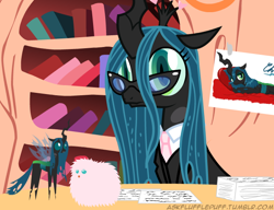 Size: 650x500 | Tagged: safe, artist:mixermike622, queen chrysalis, oc, oc:fluffle puff, changeling, changeling queen, business suit, businessmare, clothes, pointy ponies, single panel, suit