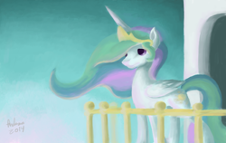 Size: 4537x2871 | Tagged: safe, artist:andersbaker, princess celestia, alicorn, pony, crown, female, horn, mare, multicolored mane, multicolored tail, solo, white coat, white wings, wings