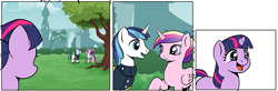 Size: 1000x326 | Tagged: safe, artist:muffinshire, princess cadance, shining armor, twilight sparkle, alicorn, pony, unicorn, comic:twilight's first day, clothes, filly, happy, shipper on deck, uniform, wip, younger