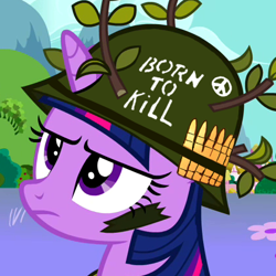 Size: 421x421 | Tagged: safe, derpibooru import, edit, edited screencap, screencap, twilight sparkle, pony, unicorn, army, born to kill, bullet, camouflage, female, full metal jacket, helmet, mare, peace sign, solo