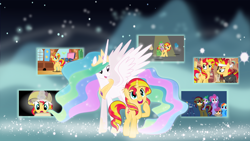 Size: 7650x4320 | Tagged: safe, artist:theshadowstone, pinkie pie, princess celestia, rainbow dash, scootaloo, spike, sunset shimmer, alicorn, dragon, earth pony, pegasus, pony, unicorn, it's about time, lesson zero, magical mystery cure, owl's well that ends well, winter wrap up, absurd resolution, alternate universe, character swap, duo, element of kindness, element of magic, ethereal mane, female, magic, mare, princess celestia's special princess making dimension, scene parody, telescope