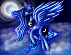 Size: 3050x2370 | Tagged: safe, artist:fluffymaiden, princess luna, alicorn, pony, flying, moon, night, solo