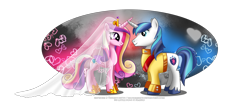 Size: 2400x1000 | Tagged: safe, artist:tiffanymarsou, princess cadance, shining armor, alicorn, pony, unicorn, clothes, uniform, veil