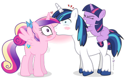 Size: 1600x1000 | Tagged: safe, artist:dm29, princess cadance, shining armor, twilight sparkle, unicorn twilight, alicorn, pony, unicorn, blushing, brother and sister, eyes closed, female, filly, filly twilight sparkle, gritted teeth, heart, horn, kissing, kissing nose, male, now kiss, pushing, pushing in, shipper on deck, shrunken pupils, siblings, signature, simple background, teen princess cadance, teen shining armor, transparent background, trio, twilight the shipper, twily, wingboner