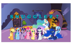 Size: 1280x875 | Tagged: safe, applejack, fluttershy, pinkie pie, princess celestia, princess luna, rainbow dash, rarity, trixie, twilight sparkle, twilight sparkle (alicorn), alicorn, earth pony, pegasus, pony, unicorn, blue text, celestias room, female, hugpony poses, imma snuggle you, mare, snuggles?, snuggling