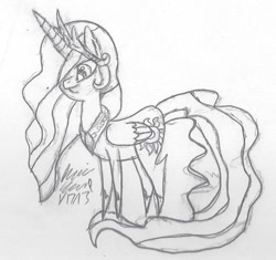 Size: 615x579 | Tagged: safe, artist:rainbow-pastel, princess celestia, alicorn, pony, monochrome, solo, traditional art