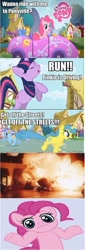 Size: 614x1813 | Tagged: safe, derpibooru import, edit, edited screencap, screencap, pinkie pie, twilight sparkle, unicorn twilight, earth pony, pony, unicorn, bipedal, comic, explosion, female, mare