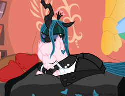 Size: 650x500 | Tagged: safe, artist:mixermike622, queen chrysalis, oc, oc:fluffle puff, changeling, changeling queen, pony, bed, business suit, businessalis, businessmare, chrysipuff, clothes, cute, cutealis, female, flufflebetes, lesbian, shipping, snuggling, suit