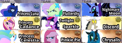 Size: 810x287 | Tagged: safe, discord, fluttershy, nightmare moon, pinkie pie, princess cadance, princess celestia, princess luna, queen chrysalis, twilight sparkle, alicorn, changeling, changeling queen, earth pony, pegasus, pony, dynasty warriors, pinkamena diane pie, power, speed, team, technique, twilight snapple, warriors orochi