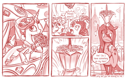 Size: 800x494 | Tagged: safe, artist:vavacung, princess cadance, queen chrysalis, rarity, alicorn, changeling, changeling queen, pony, unicorn, comic:when villain win, alternate universe, bouquet, cake, chryslestia, comic, eating, female, lesbian, monochrome, shipping, sweatdrop, wedding