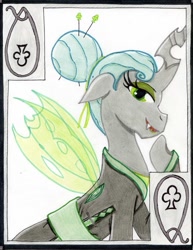 Size: 785x1018 | Tagged: safe, artist:the1king, queen chrysalis, changeling, changeling queen, kimono (clothing), playing card, solo, sword