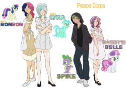 Size: 2780x1937 | Tagged: safe, artist:the-orator, bon bon, lyra heartstrings, spike, sweetie belle, sweetie drops, humanized, peace corps