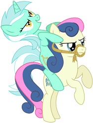 Size: 1200x1600 | Tagged: safe, artist:adcoon, bon bon, lyra heartstrings, sweetie drops, bon bon is not amused, bridle, duo, ponies riding ponies, rearing, riding, simple background, transparent background, vector