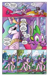 Size: 662x1018 | Tagged: safe, idw, princess celestia, raven, spike, alicorn, dragon, pony, unicorn, spoiler:comic, spoiler:comicff3, comic, dragons riding ponies, ethereal mane, female, idw advertisement, male, mare, official comic, preview, riding, speech bubble