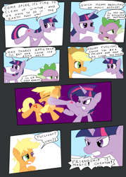 Size: 853x1192 | Tagged: safe, artist:tifu, derpibooru import, applejack, spike, twilight sparkle, dragon, earth pony, pony, unicorn, winter wrap up, black eye, comic, female, kicking, male, mare, snow