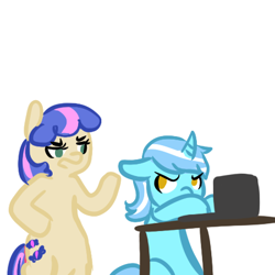 Size: 450x450 | Tagged: safe, artist:mt, bon bon, lyra heartstrings, sweetie drops, pony, bipedal, bon bon is not amused, computer, simple background, white background