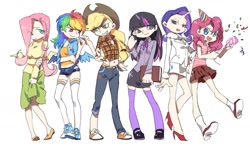 Size: 1400x827 | Tagged: safe, artist:newrein, derpibooru import, applejack, fluttershy, pinkie pie, rainbow dash, rarity, twilight sparkle, human, belly button, breasts, clothes, converse, cute, eye clipping through hair, female, hootershy, horned humanization, humanized, mane six, midriff, shoes, simple background, skirt, sneakers, sweater, sweatershy, winged humanization, wings