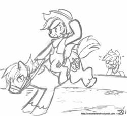 Size: 1000x909 | Tagged: safe, artist:johnjoseco, derpibooru import, applejack, big macintosh, lyra heartstrings, earth pony, pony, unicorn, bridle, bronco buster, bucking, female, grayscale, hat, male, mare, monochrome, ponies riding ponies, reins, riding, rodeo, saddle, stallion, tack