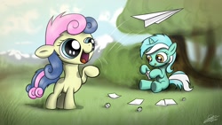 Size: 1920x1080 | Tagged: safe, artist:dori-to, bon bon, lyra heartstrings, sweetie drops, earth pony, pony, unicorn, duo, female, filly, filly lyra, foal, happy, paper airplane, paper plane, tongue out, wallpaper