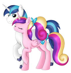 Size: 1044x1064 | Tagged: safe, artist:star-charm, princess cadance, shining armor, alicorn, pony, unicorn, eyes closed, female, male, ponytail, raised hoof