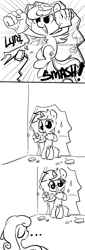 Size: 500x1467 | Tagged: safe, artist:php27, bon bon, lyra heartstrings, sweetie drops, earth pony, pony, unicorn, bipedal, black and white, comic, female, floppy ears, grayscale, hulk hands, lineart, mare, monochrome, open mouth, starry eyes, wingding eyes