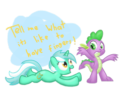 Size: 1164x889 | Tagged: safe, artist:041744, lyra heartstrings, spike, dragon, pony, unicorn, duo, female, hand, male, mare, prone, that pony sure does love hands