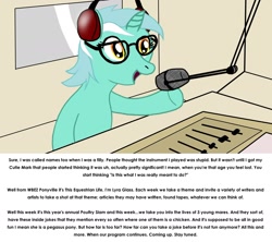 Size: 1280x1135 | Tagged: safe, artist:jarntazecht, lyra heartstrings, pony, unicorn, female, glasses, headphones, mare, microphone, parody, scootachicken, solo, text, this american life