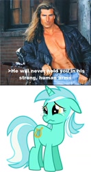 Size: 710x1337 | Tagged: safe, lyra heartstrings, human, pony, unicorn, cruel reality, crying, fabio lanzoni, female, floppy ears, human fetish, human male, irl, irl human, male, mare, photo