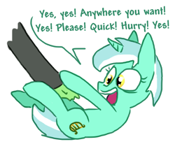 Size: 494x401 | Tagged: safe, artist:the weaver, lyra heartstrings, oc, oc:anon, human, pony, unicorn, bellyrubs, female, hand, irrational exuberance, mare, on back, open mouth, simple background, smiling, solo focus, speech bubble, text, that pony sure does love hands, unprecedented joy, white background, wide eyes
