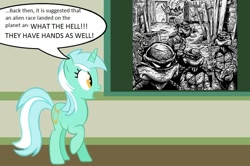 Size: 889x590 | Tagged: safe, lyra heartstrings, pony, unicorn, chalkboard, donatello, female, human studies101 with lyra, leonardo, mare, meme, michelangelo, raphael, shocked, solo, teenage mutant ninja turtles