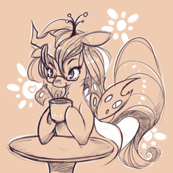Size: 1900x1900 | Tagged: safe, artist:inkytophat, queen chrysalis, changeling, changeling queen, coffee, drink, drinking, solo, table