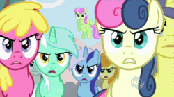 Size: 840x470 | Tagged: safe, edit, edited screencap, screencap, bon bon, carrot top, cherry berry, comet tail, golden harvest, lucky clover, lyra heartstrings, merry may, minuette, neon lights, rising star, sweetie drops, the super speedy cider squeezy 6000, animated, hub logo, image macro, no