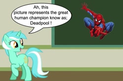 Size: 887x588 | Tagged: safe, lyra heartstrings, pony, chalkboard, crossover, deadpool, human studies101 with lyra, meme, spider-man