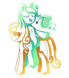 Size: 851x957 | Tagged: safe, artist:mewball, bon bon, lyra heartstrings, sweetie drops, bon bon is not amused, lyre, magic, music, music notes, ponies riding ponies, singing, telekinesis