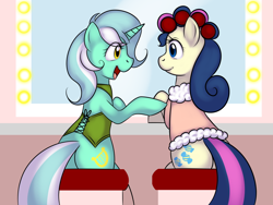 Size: 1920x1440 | Tagged: safe, artist:kloudmutt, bon bon, lyra heartstrings, sweetie drops, earth pony, pony, unicorn, bipedal, clothes, corset, eye contact, female, hair curlers, lesbian, looking at each other, lyrabon, mare, shipping, sitting, smiling