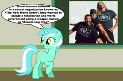 Size: 887x588 | Tagged: safe, lyra heartstrings, human, pony, unicorn, chalkboard, female, hulk hogan, human studies101 with lyra, irl, kevin nash, looking back, mare, meme, nwo, photo, raised hoof, scott hall