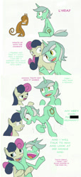 Size: 549x1200 | Tagged: safe, artist:juanrock, bon bon, lyra heartstrings, sweetie drops, earth pony, monkey, pony, unicorn, comic, evolution, excited, female, grin, hug, humie, lesbian, lyrabon, mare, science doesn't work that way, shipping, simple background, smiling, sweat, white background